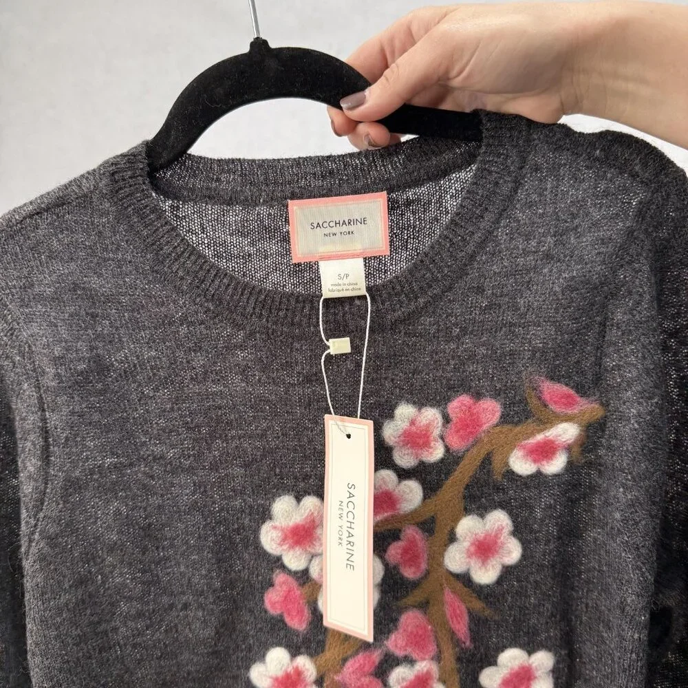 Saccharine New York Sweater Womens Small Gray Wool Alpaca Floral Cherry Blossom - Picture 2 of 10